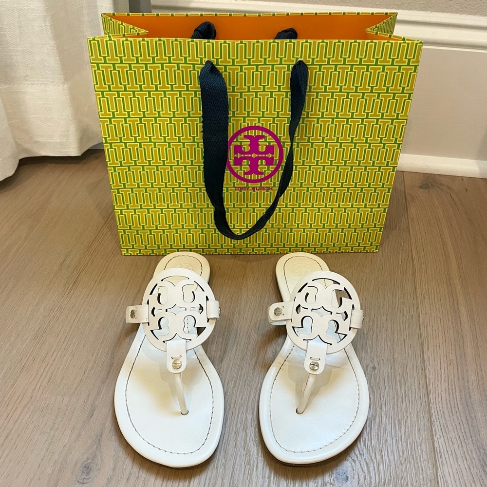 White leather Tory Burch Miller Sandal. Size 9.5 but can fit a size 9.
